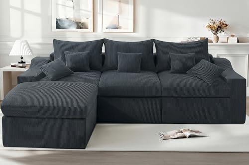 HABUTWAY 104" L Shaped Cloud Sectional Couch, Boneless Modular Sectional Sofa with Deep Seat, Corduroy Couches for Living Room, Modular Couch, No Assembly Required (Grey)