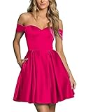 Kurzes Homecoming Kleid Schulterfrei mit Taschen A-Linie Ballkleider für Teens Party Abendkleider Satin Lace Up Back