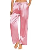 Ekouaer Womens Silk Satin Pajama Pants Casual Loose Lounge Pants Drawstring Elastic Waist Wide Leg Pj Bottoms with Pockets, Pink, X-Large