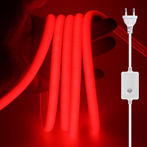 XUNATA Dimmable Ruban LED COB, 220V 288 LEDs/m Flexible Led Bande Neon Bandeau, Étanche IP65 LED Bande Lumineuse pour Escalier, Chambre, Noël, Fête, etc (Rouge,5M)