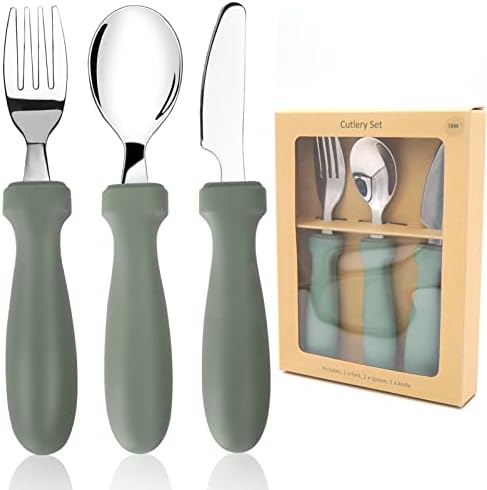 Toddler Utensils Set, 3 Pieces Toddler Utensils Stainless Steel Fork, Spoon and Knife Set with Silicone Holding Design, Socub Children's Flatware Set, BPA Free, Sage