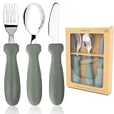 Toddler Utensils Set, 3 Pieces Toddler Utensils Stainless Steel Fork, Spoon and Knife Set with Silic
