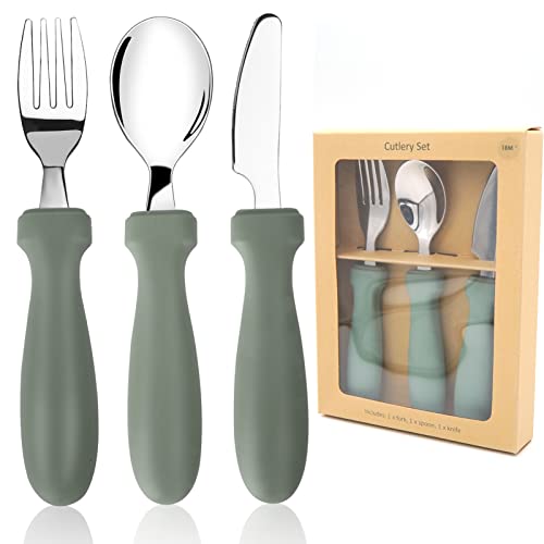 Toddler Utensils Set, 3 Pieces Toddler Utensils Stainless Steel Fork, Spoon And Knife Set With Silicone Holding Design, Socub Children's Flatware Set, Bpa Free, Sage #TOP6