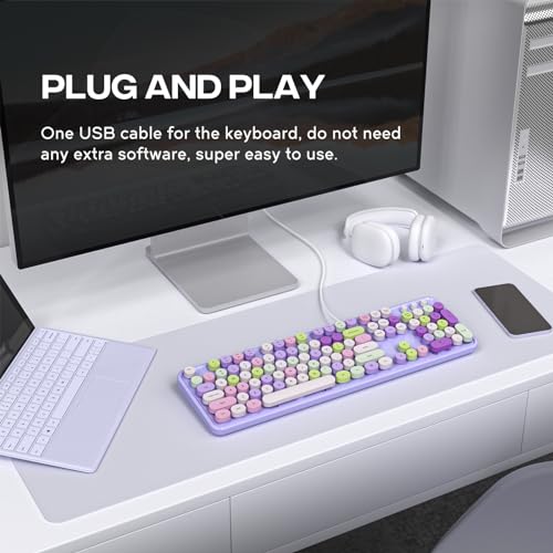 Image of Atelus Computer Wired Keyboard, Plug Play USB Full-Size Keyboard with Large Number Pad, Caps Indicators, Foldable Stands, for Windows 7 /8 /10 PC Laptop (Purple Colorful)