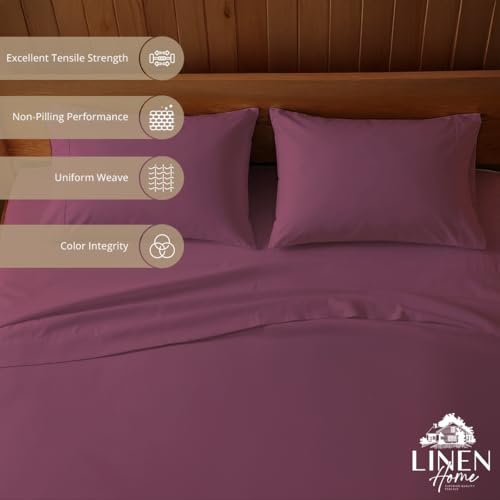 Image of Linen Home 100% Cotton Percale Sheets Full Size, Damson Berry, Deep Pocket, 4 Pieces Set - 1 Flat, 1 Deep Pocket Fitted Sheet and 2 Pillowcases, Crisp Cool and Strong Bed Linen