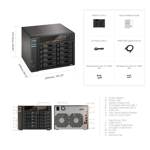 Image of Asustor Lockerstor 10 Gen3 AS6810T 10 Bay NAS, AMD Ryzen V3C14 Quad-Core, 16GB ECC DDR5 RAM, Dual 10GbE + Dual 5GbE, 4 M.2 NVMe SSD Slots, USB4 40Gbps, Enterprise Grade for Enthusiasts(Diskless)