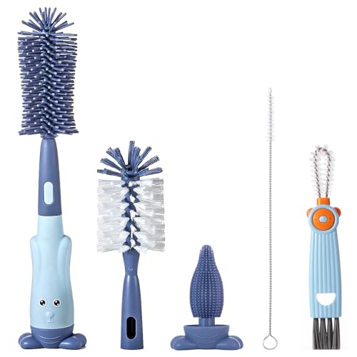 Image of Ariseno 5-in-1 Baby Bottle Brush Set, Bottle Brush for Baby, Baby Bottle Scrubber, Including Silicone & Nylon Bottle Brush, Bottle Cap Brush, Straw Brush, Nipple Brush, BPA-Free (Blue)
