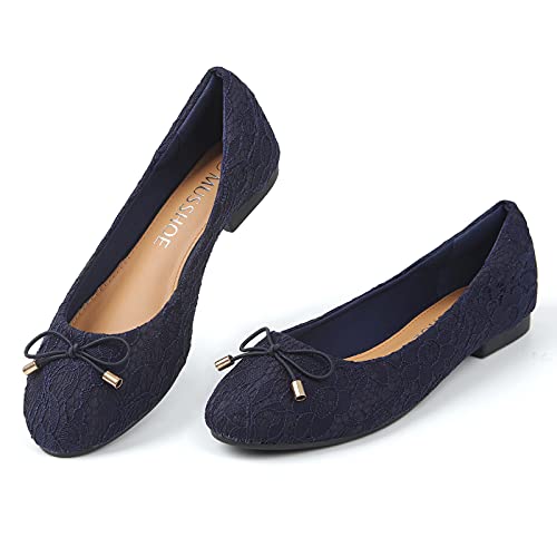 MUSSHOE Flats for Women Floral Lace Women's Flats Comfortable Slip On Classic Dressy Casual Flats Shoes Women,Navy 9