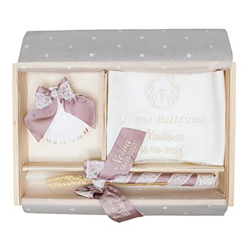 Kit di lusso personalizzato per battesimo - Set de candela, panno e conchiglia ricamati - Scatola di legno lavorata con il nome e la data di battesimo - Modello Paris (Rosa Cipria)