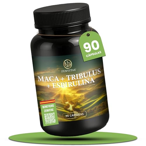 Maca Andina Pura 9.000 mg Equivalente | Tribulus Terrestris 4.000 mg + Espirulina | Ultraconcentrada 30.000:1 | Zinc, Vitamina C y B12 | Vitalidad, Resistencia y Bienestar Hormonal | 90 Cápsulas