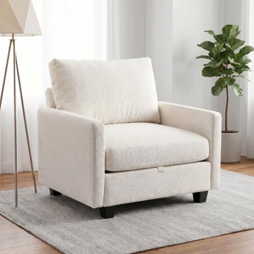 Image of Singel Seat Modern Couches for Living Room, 38 inch Single Sofa with Storage | High Resilience Foam, 22 inch Seat Depth, Movable Ottoman, Comfy Chenille, Easy Assembly, Beige