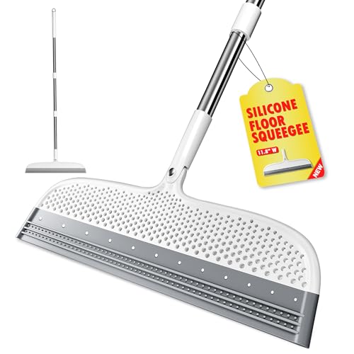 Image of Silicone Floor Squeegee, 180 Rotating Air Broom, Squeegee for Floor with a Long Handle, Magic Broom for Water and Pet Hair Removal on Bathroom Floors, Tile, Deck and Glass, Indoor Cleaning Tool