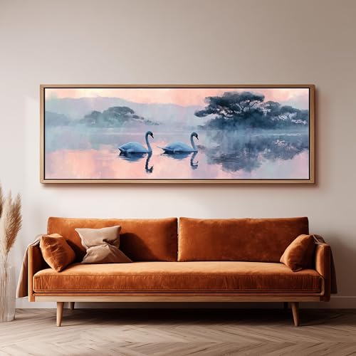 Tableau sur toile cygnes grand format avec cadre intérieur bois
