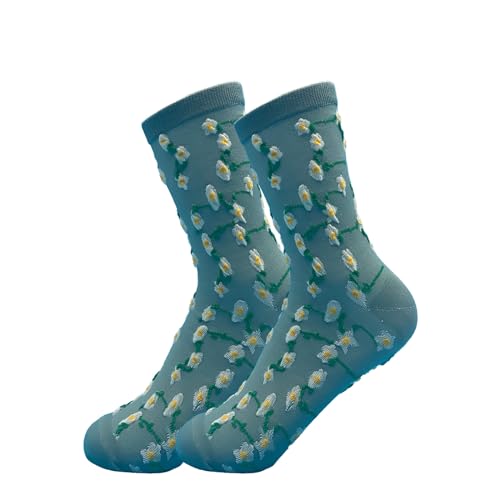 Image of 5 Pairs Floral Socks Women Trendy Flower Socks Embroidered Vintage,Girls Cute Sweet Nordic Textured Cotton Socks