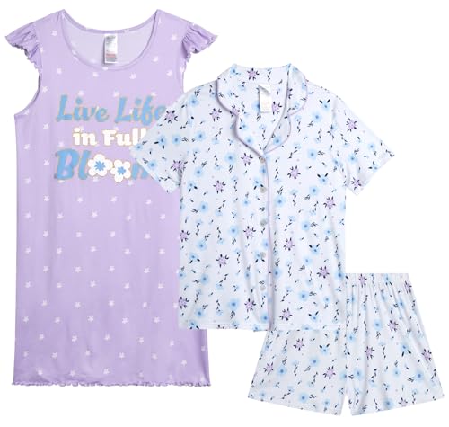 Rene Rofe Girls Pajama Set - 3 Piece Ruffle Sleep Gown, Sleep Shirt, and Lounge Shorts - Sleepwear for Girls (4-12)