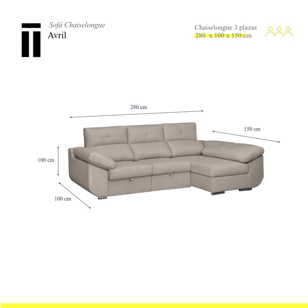 SHIITO | Modelo Avril - Sofá 3 Plazas Derecha con Chaiselongue y Asientos Deslizantes | Diseño Moderno y Sofisticado | 280 x 150 x 100 cm - Color Marfil