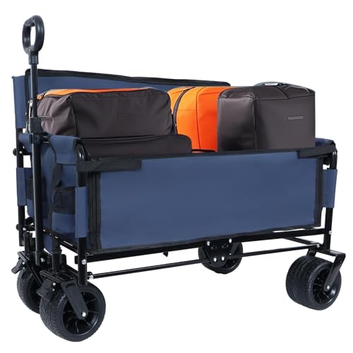 3-in-1 Convertible Folding Wagon Cart with Bench Seat & Storage - 500lbs Heavy-Duty Utility Wagon, 180L Capacity All-Terrain Wheels for Camping, Beach, Sports, Garden (Dark Blue)