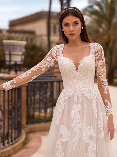 Long Sleeves Wedding Dresses for Bride 2025 Boho Beach A-Line Appliques Lace Bridal Ball Gowns with Train4