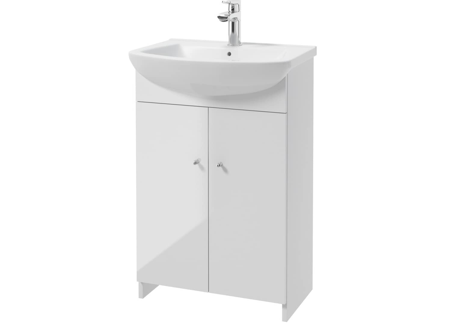 VBChome Badmöbel Set 55 cm Weiß Waschbecken mit Unterschrank Waschtisch Chromgriffe 2-Türen Waschbeckenunterschrank Badezimmerschrank Badschrank