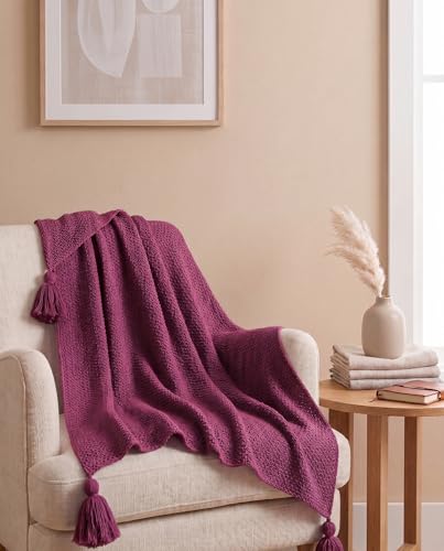 Image of Furnistitchs Plain Solid Knitted Sofa Throw Blanket 50x60 inches / 125x150 cms| Cotton Plain Knit with Tassels | Aesthetic Bohemian Decorative Couch Throws for Living Room & Bedroom (Wine)