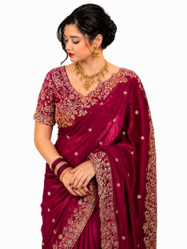 Image of DESTY Saree with Intricate Gold Embroidered Border & Designer Blouse