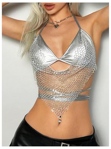 MakeMeChic Women's Glitter Sequin Fishnet Halter Tops Y2K Criss Cross Tie Back Crop Party Club Festival Rave Top3