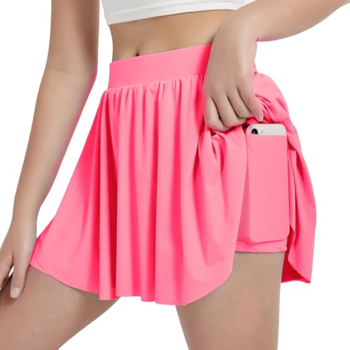 EXARUS Girls Tennis Skirts Athletic Skorts with Pockets Kids Skort Golf Cheer Dance Skirt Tiered Mini High Waisted Running Shorts Flowy Candy Pink 14Y