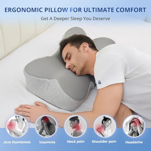 JOLLYVOGUE Cervical Neck Pillow for Pain Relief Memory Foam Side Sleeper Pillow with Cooling Pillowcase, Ergonomic Design for Back Stomach Sleepers, Large, Grey