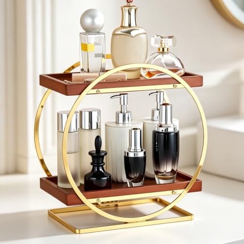 YIWANFW 2-Tier Bathroom Organizer Countertop, Wooden Gold Perfume Organizer - image 1