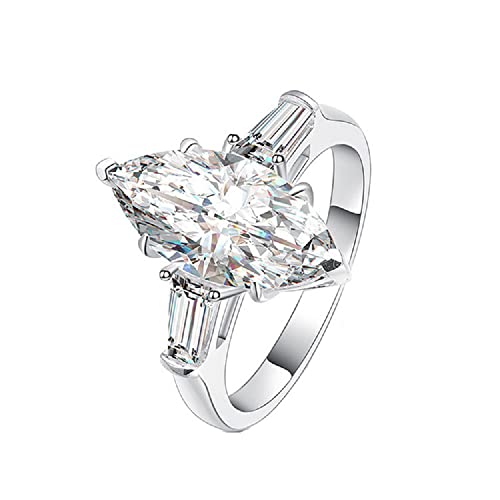 Classic Platinum Plated Marquise Cut and Baguette CZ Cubic Zirconia Engagement Ring 3-Stone Wedding Promise Rings for Her (US Size 7)