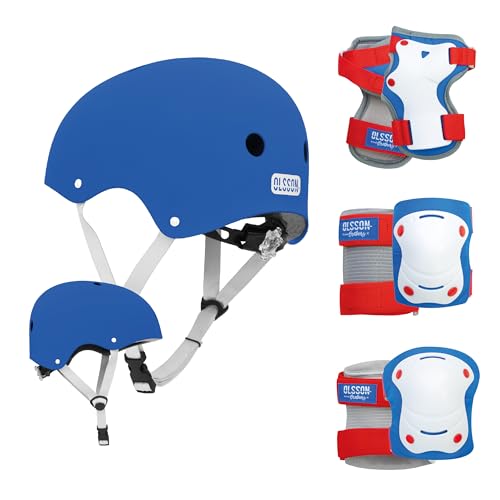 OLSSON - Casco da bambino, blu M/L + kit di protezioni - guscio esterno in ABS interno EPS fodera interna rimovibile e lavabile, misura regolabile, 11 griglie di ventilazione - monopattino bicicletta