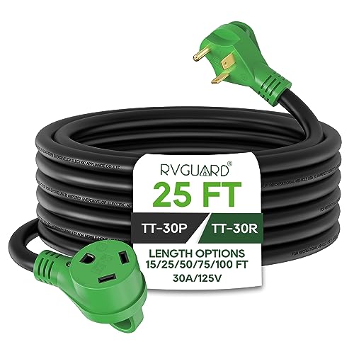 RVGUARD 30 Amp 25 Foot RV Extension Cord Heavy Duty 10/3 Gauge STW Cord with LED Power Indicator and Cord Organizer TT-30P/R Standard Plug Green ETL Listed