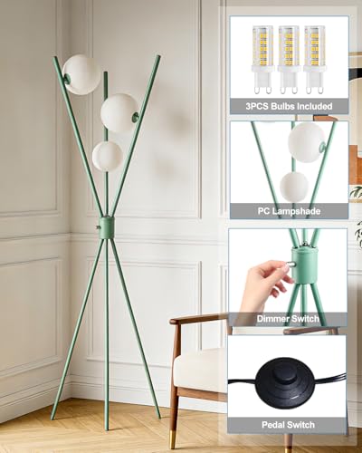 Image of Lightdot Dimmable Green Tripod Floor Lamp, Mid Century Standing Lamps with 3 Globe Soft Warm White Eye Care 3000K Bulbs Included, Modern Tall Lamp for Living Room /Bedroom /Sofa Beside /Corner Decor