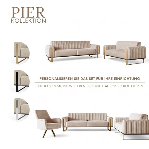 FURNISTAR Premium Pier Sofa 2-Sitzer, Glamour Design, Polstersofa mit drehbarer Rücklehne, Couch, Sofagarnitur, Wohnzimmer, goldene Metallfüße, Velour-Stoff - Creme – Bild 8