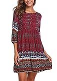 SE MIU Women Boho Dress 3/4 Sleeve Midi Summer Beach Swing Dress Tshirt Dresses Dark Red