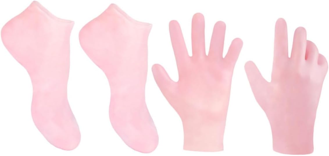 1set Moisturizing Foot and Hand Care Set Exfoliating Socks Gloves for Dead Skin Removal Pink for Dry Cracked Skin Treatment and Smooth Delicate Feet and Hands