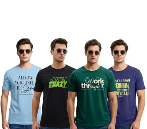 Image of Cotton Blend Regular Fit Half Sleeve Printed Round Neck Multicolor Drop Shoulder T-Shirt for Mens & Boys (Pack of 4)