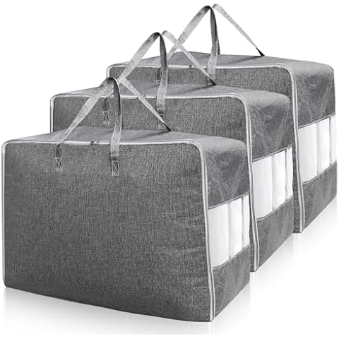 ZEAYEA 3 Pack 105L Comforter Storage Bags, Large Foldable Blanket Organizer Bags with Sturdy Zipper and Handle, Clear Window, Clothes Storage Containers Moving Organizers for Bedding Pillow, Grey Cover
