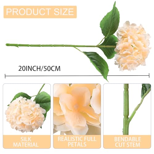 6PCS Large Silk Hydrangea Flowers, 20 In Full Faux Hydrangea Artificial Flowers with Stems Leaves for Fake Fall Bouquets Porch Home Wedding Party Wreath Arrangements Indoor Outdoor (Champagne)