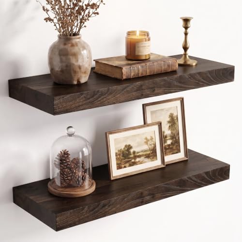 Image of Fun Memories 18 inch Elm Wood Floating Shelves for Wall, Walnut Finish, 2 Pack