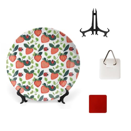 DULAHR Cute Strawberry Bone China Decorative Plate Ceramic Decorative Plate Home Wall Decor with Vertical Stand Decorative Plates