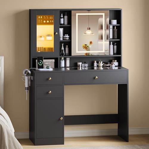 Image of HUANLEGO Vanity Desk with Mirror and Lights, Black Vanity with Lighted Mirror and RGB Cabinet & Jewelry Organizers, Makeup Vanity Desk with Lights, Glass Top Dressing Table for Girls Bedroom