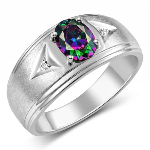Image of Rylos Men's Rings Classic Design 8X6MM Oval Gemstone & Sparkling Diamond Ring - Color Stone Birthstone Rings for Men, Sterling Silver Rings in Sizes 8-13. Elevate Your Style with Timeless Elegance!