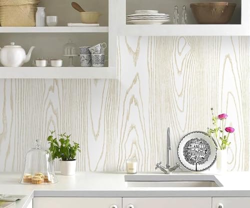 Image of White Gold Wood-Grain Textured Adhesive Wallpaper Modern Minimalist Peel-and-Stick Vinyl Sheet for Walls, Furniture, Kitchen Cabinets, and Home Decor Makeovers (45 x 300 cm).
