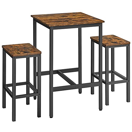 VASAGLE Bar Table and Chairs Set, Square Table with 2 Stools, Dining Pub Set for 2, Space Saving for Kitchen Breakfast, Living Room, Party Room, Rustic Brown and Ink Black Rustic Brown + Ink