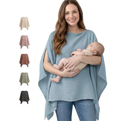 Image of Konssy Muslin Nursing Cover for Breastfeeding, 360° Full Privacy Breathable 100% Cotton Breastfeeding Cover, Multi-use Carseat Canopy(Blue)