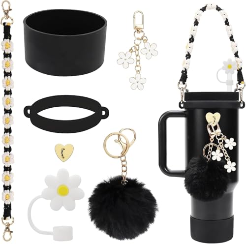 Image of House of Quirk 7 Accessories Set Handle Strap, Silicone Cup Boot, Silicone Straw Cover, Charms for Tumbler Cup 40oz & 30oz (Black, Tumbler Not Included)