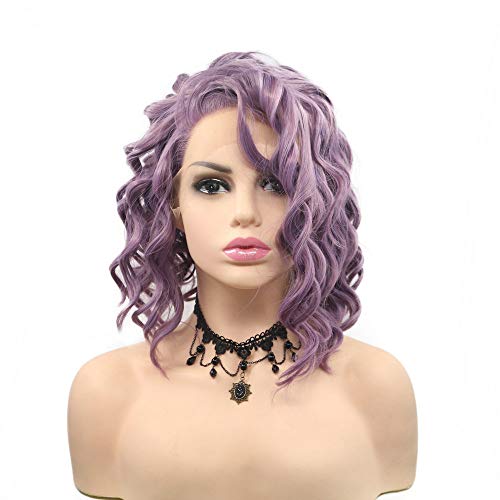 Perücke mit seitlichem Scheitel-Haaransatz, Kunsthaar, kurzer Bob, rauchig, lavendelviolett, schulterlang, federnd, lockig, klebefrei, Lace-Front-Perücke Cover