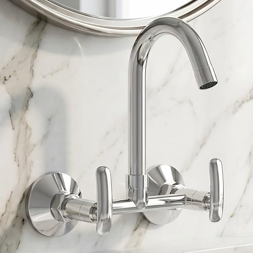 Image of GLOXY Premium Brass Wall Mounted Kitchen Sink Mixer Tap with 360 Swivel Spout - Kitchen Sink Mixer Tap Hot & Cold with Chrome Finish & Imperial Lever for Bathroom & Kitchen Sink - 10 Years Warranty