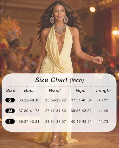 Image of ANKOMINA Women's Sexy V Neck Halter Backless Maxi Dress Ruched High Split Long Bodycon Dresses for Party Cocktail Evening